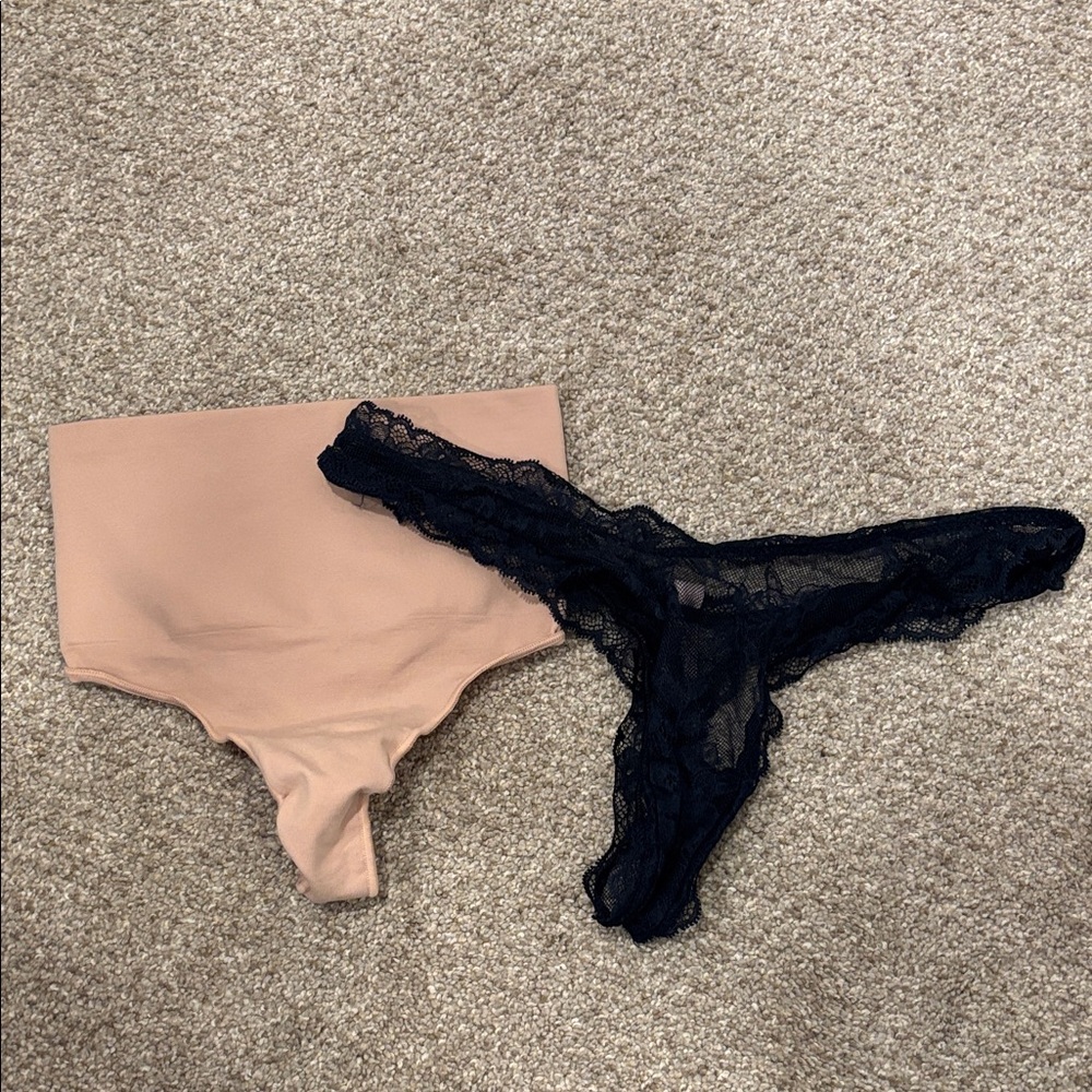SKIMS nude thongs & Victoria’s Secret navy lace thong